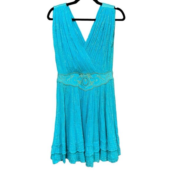 Vintage 80’s Gauze Teal w/Gold Embroidery Metallic Details Dress/Swim Cover Up - Picture 1 of 8